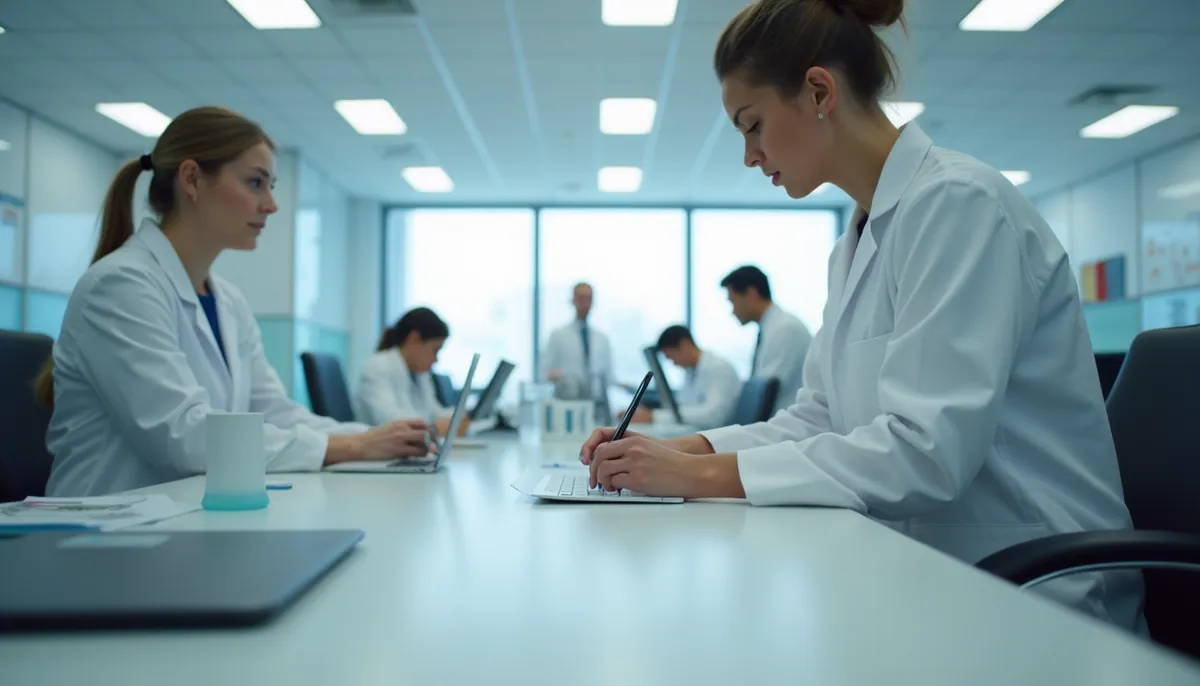 Wide angle view of a collaborative workspace in a pharmaceutical setting