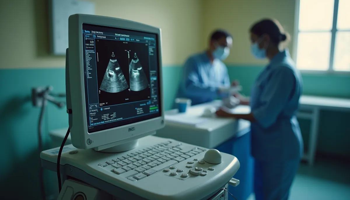 High angle view of a portable ultrasound device in use in a rural healthcare setting