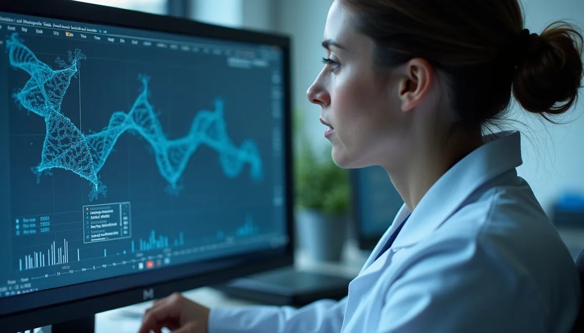 Eye-level view of a researcher analyzing genomic data on a computer screen