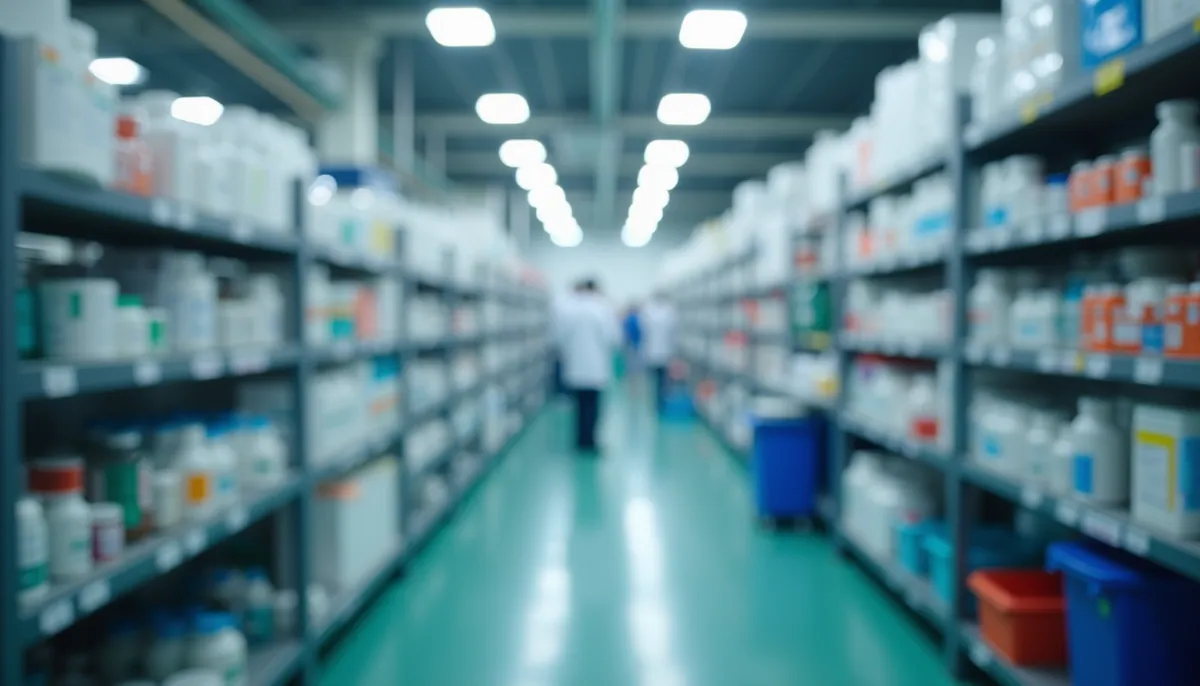 Eye-level view of a well-organized pharmaceutical manufacturing facility