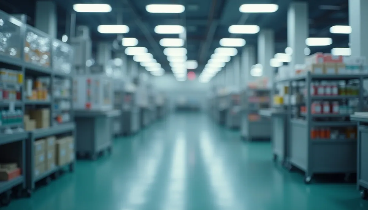 Eye-level view of pharmaceutical manufacturing facility