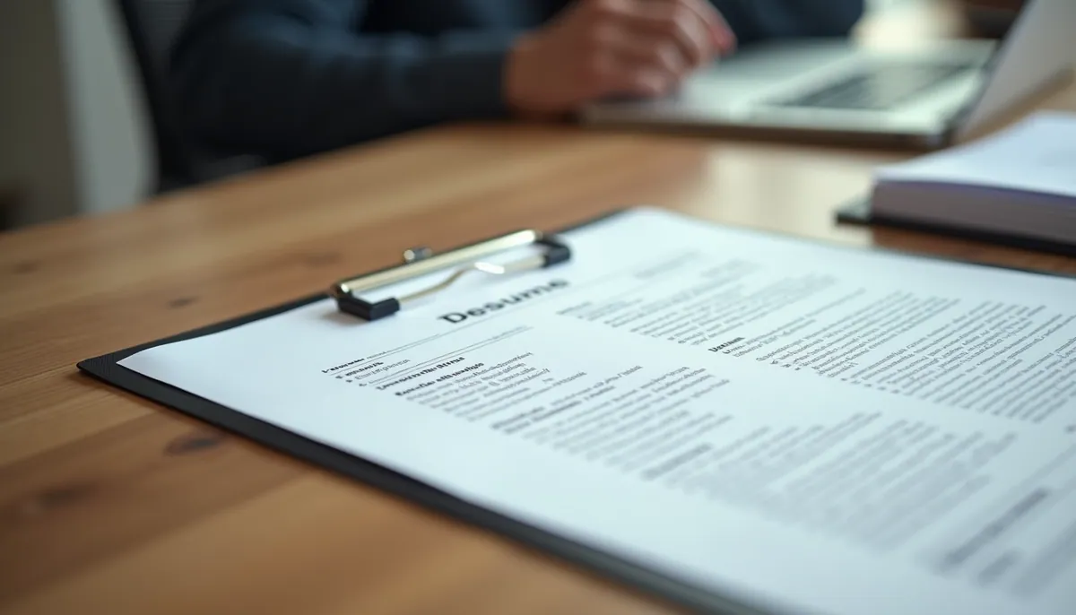 Close-up view of a printed resume on a wooden table