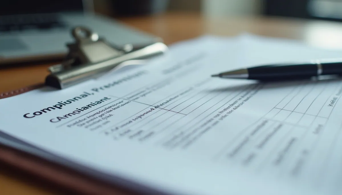 Close-up view of compliance documents and a clipboard